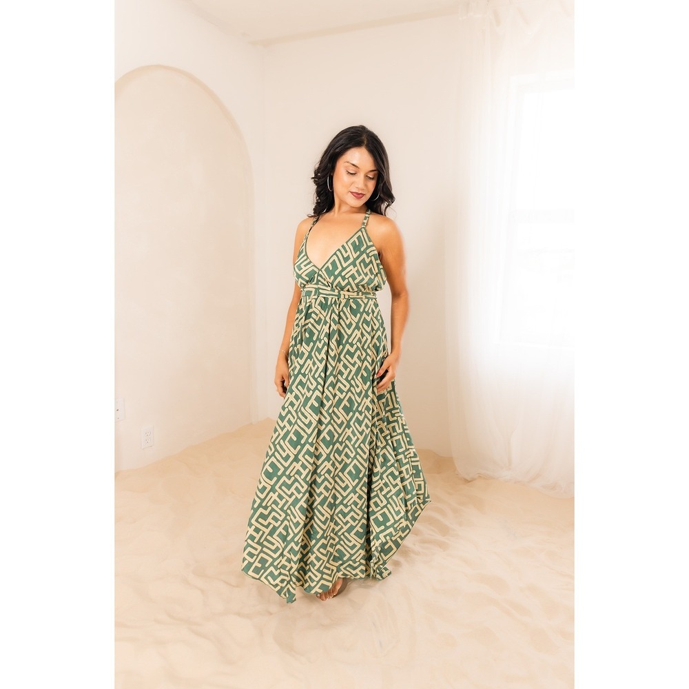 The Vacation Dress Green Gold Geometric Print Sleeveless Party Maxi Dress Medium - Picture 5 of 5